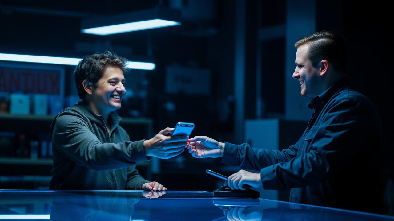 Customer handing a phone to a technician at a counter