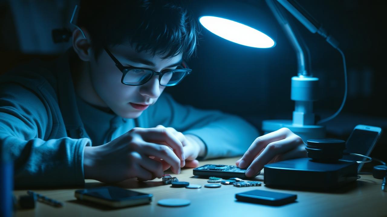 Student learning phone repair under a bench lamp