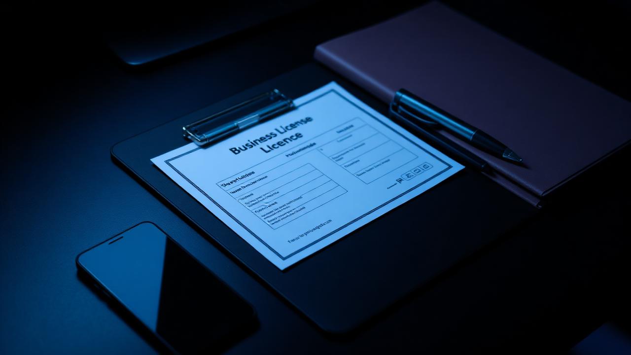 Business license paperwork on a dark desk