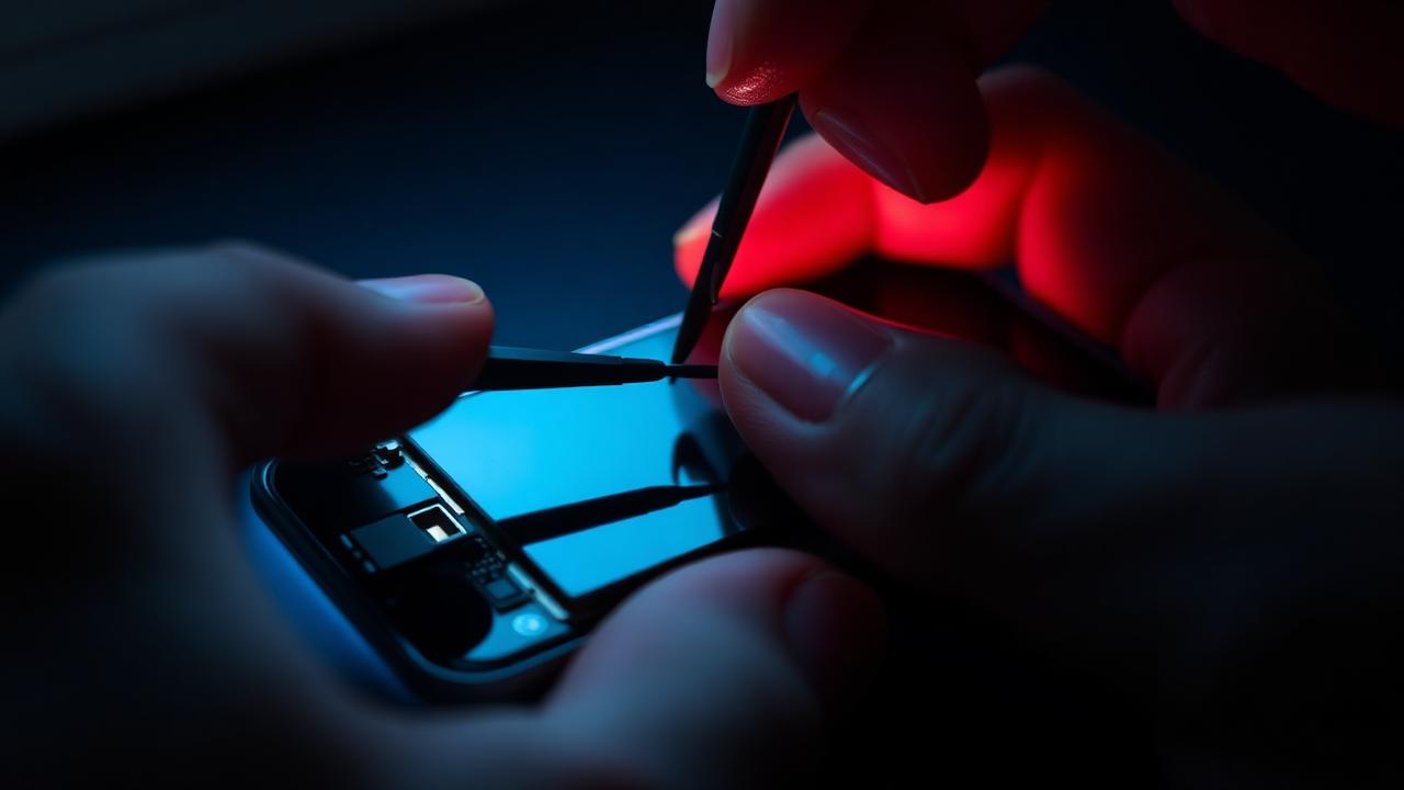 Hands replacing a smartphone display with tweezers