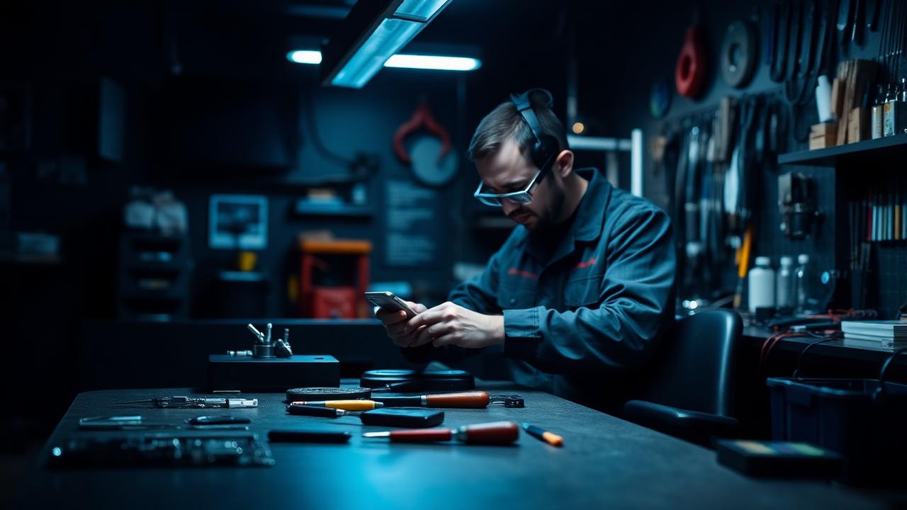 Technician working on a phone at a repair bench