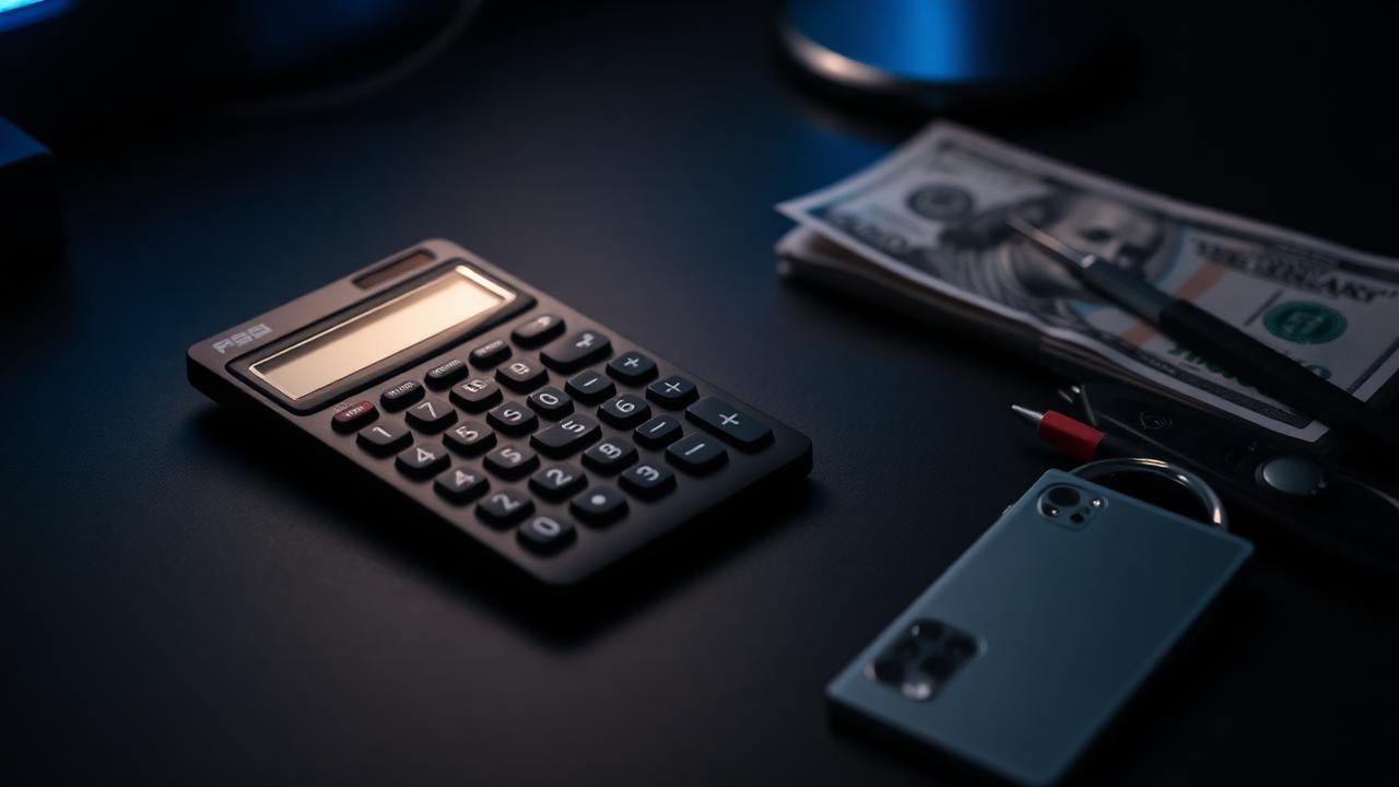 Calculator, cash, and repair tools on a dark desk